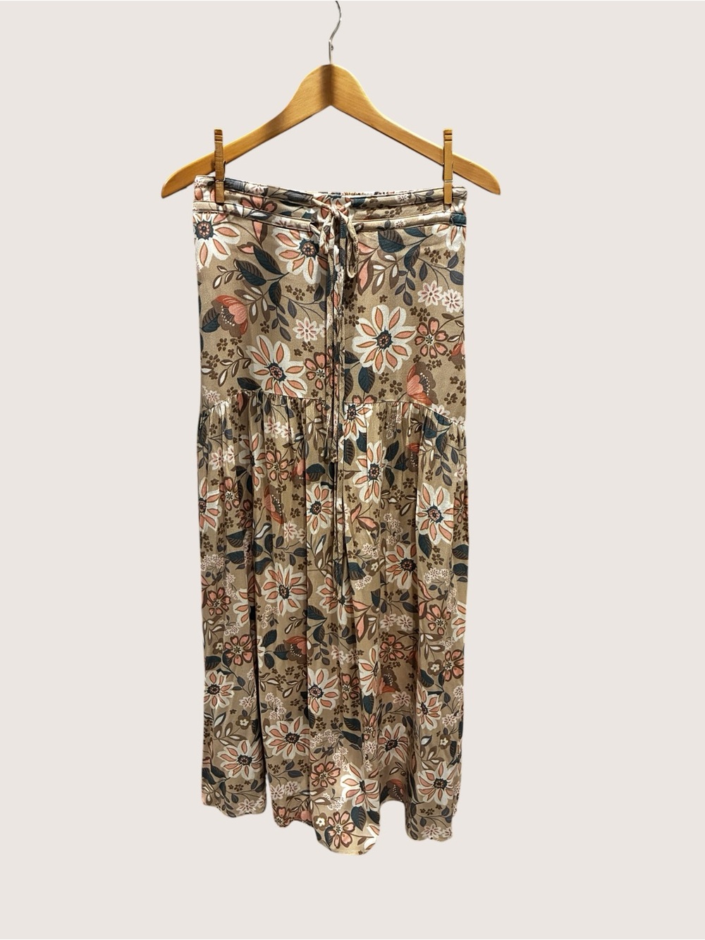 Promesa Beige Floral Maxi Skirt with Drawstring Waist